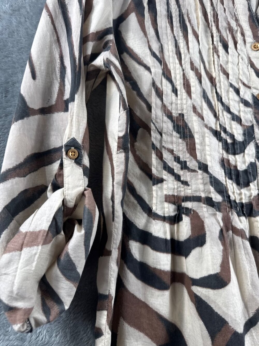 Womens Style & Co Zebra Print Button-Front Blouse M 100% Cotton Brown/Beige 3/4 - Picture 9 of 11